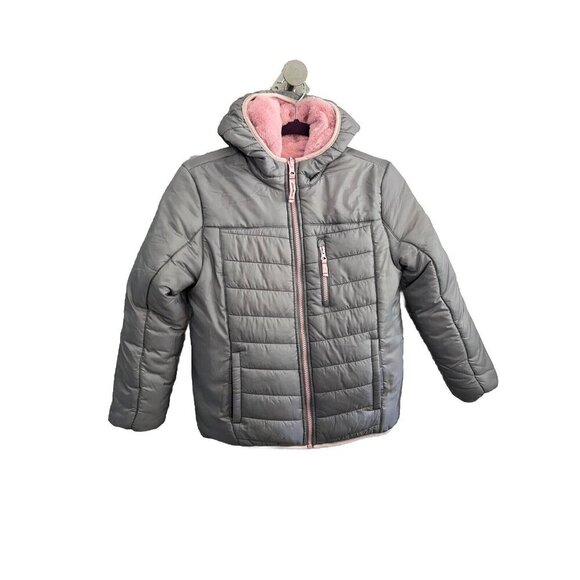 Eddie Bauer Reversible Puffer Jacket Teddy Pink Gray Girl M 10/12
